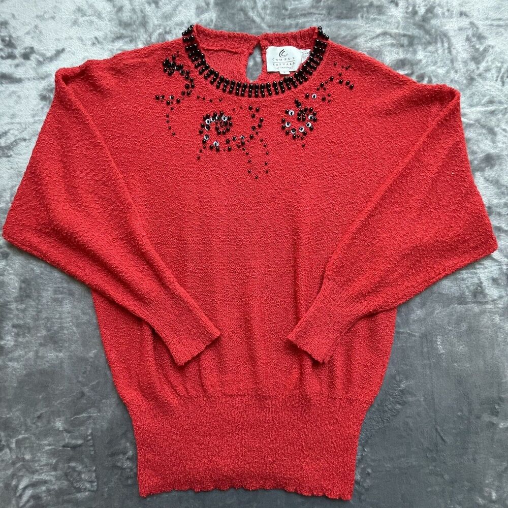 Campus Casuals Sweater Womens Large Red Vintage Beaded Sequin Holiday Dolman
